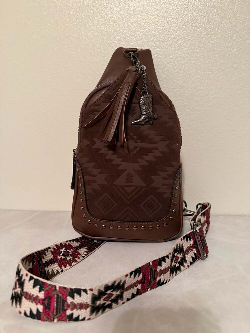 Sam & Hadley Brown Aztec Pattern Sling Bag with Western Boot Charm